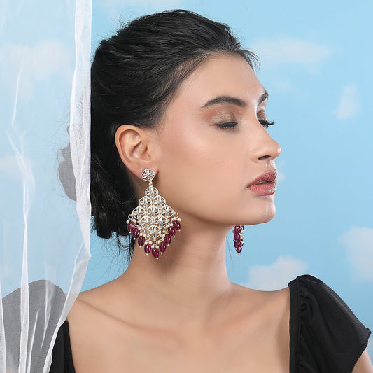 Gold-Plated Kundan Earrings with Ruby Beads & Pearls