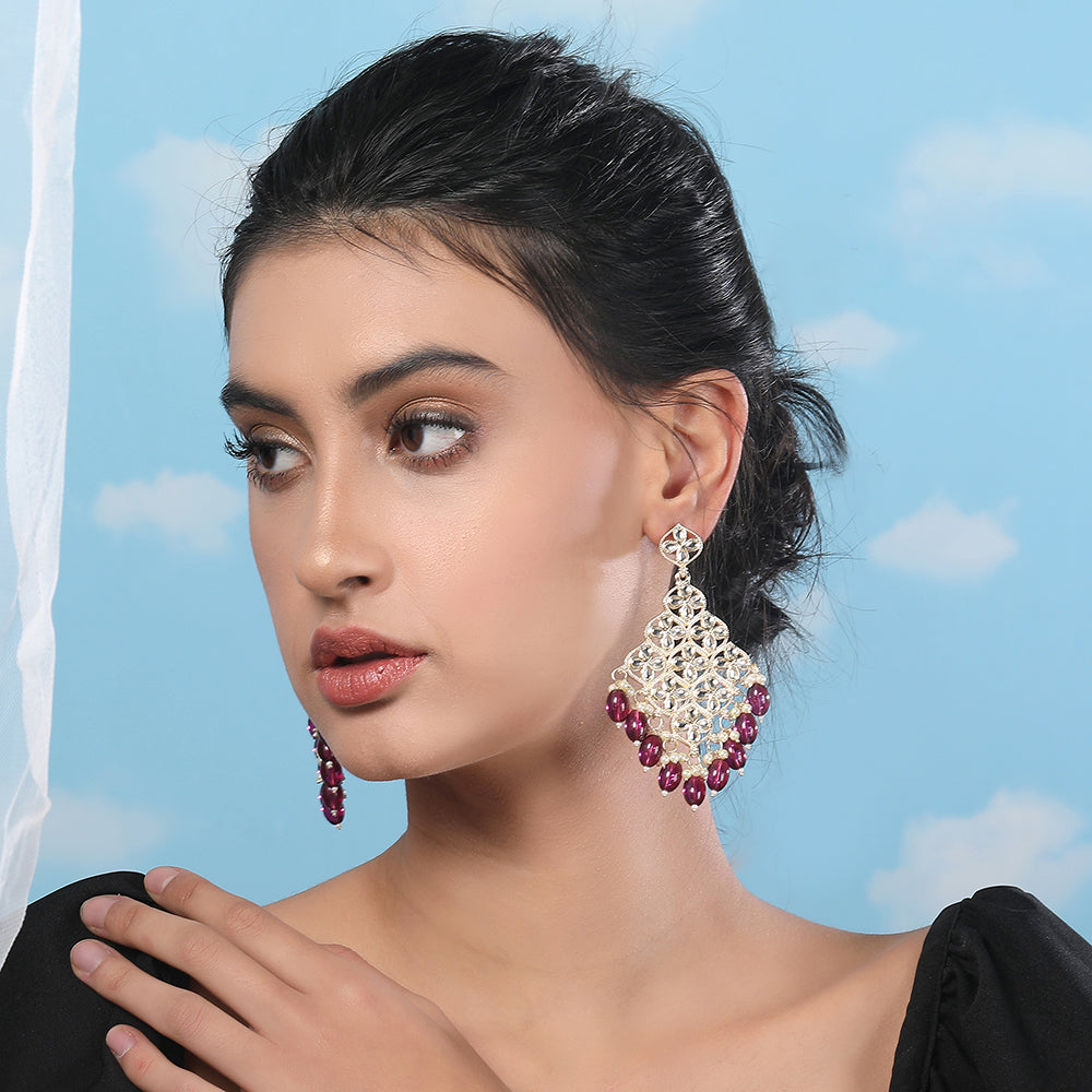 Gold-Plated Kundan Earrings with Ruby Beads & Pearls