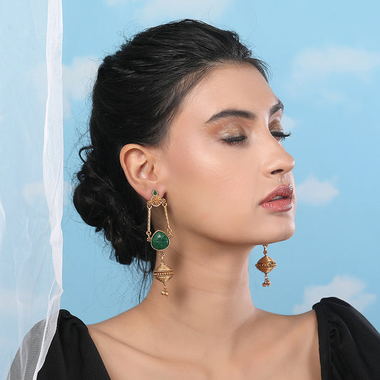 Antique Gold-Plated Earrings with Green Stone & Filigree Work