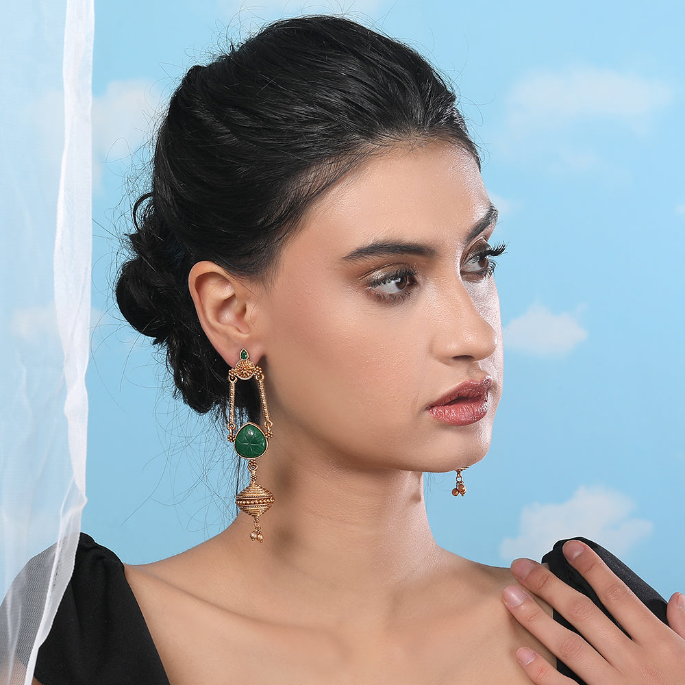Antique Gold-Plated Earrings with Green Stone & Filigree Work