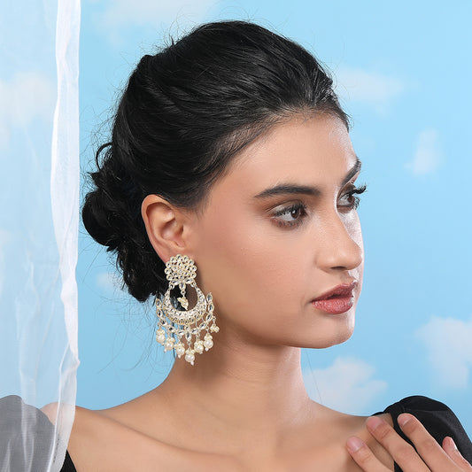 Exquisite Pearl & Kundan Chandbali Earrings – Gold-Plated