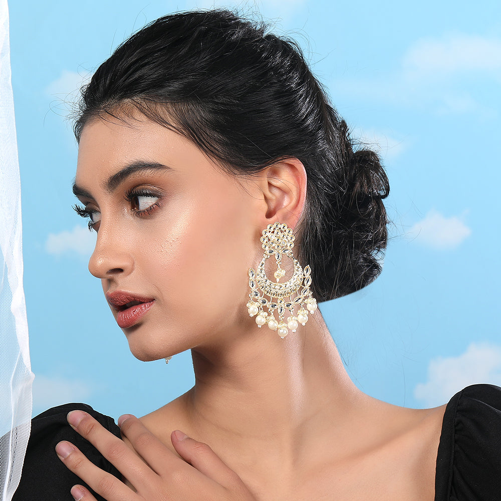 Exquisite Pearl & Kundan Chandbali Earrings – Gold-Plated