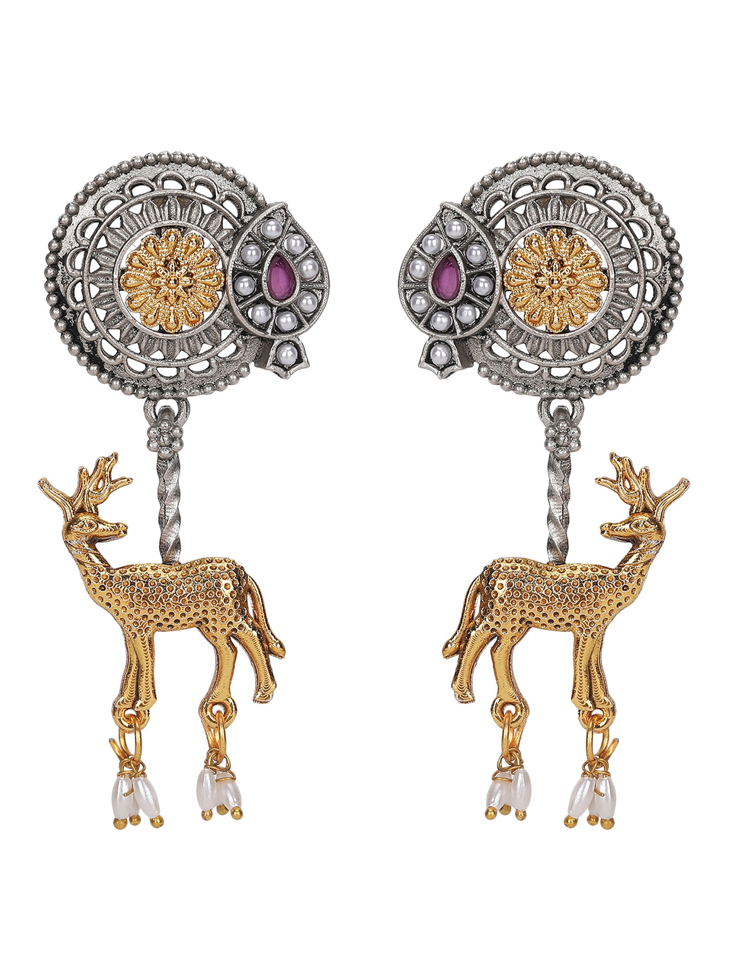 Elegant Dual-Tone Deer Motif Earrings with Pearl Drops