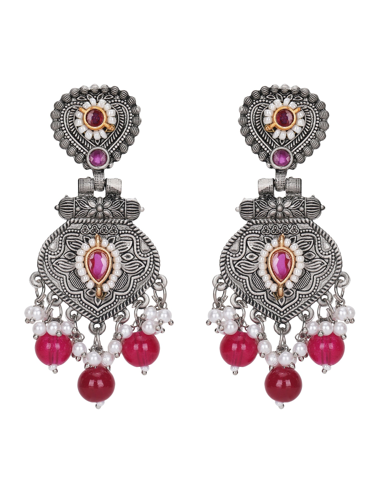 Antique Silver-Plated Earrings with Ruby & Pearl Drops