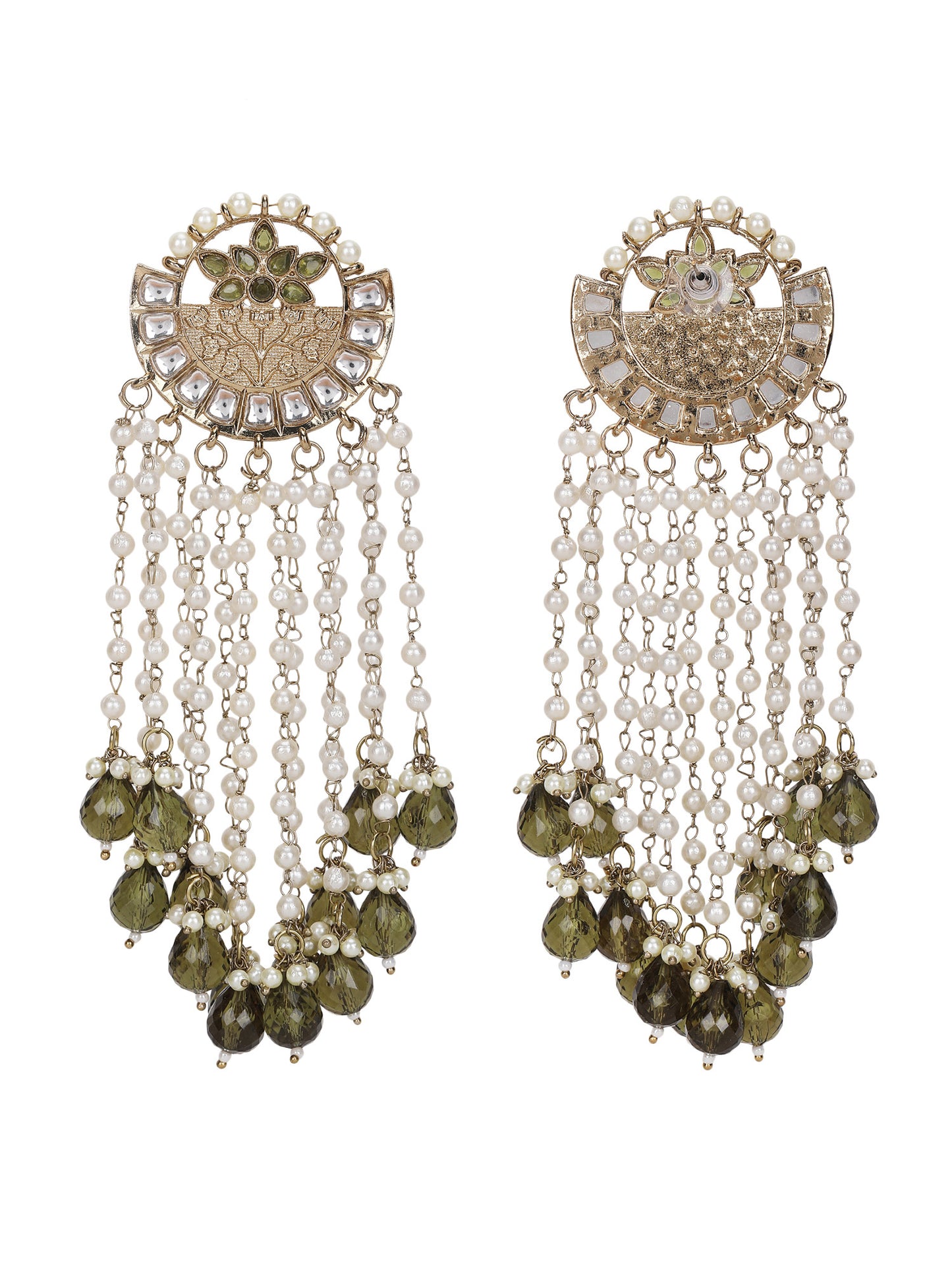 Gold & Pearl Chandelier Earrings with Green Stone Accents