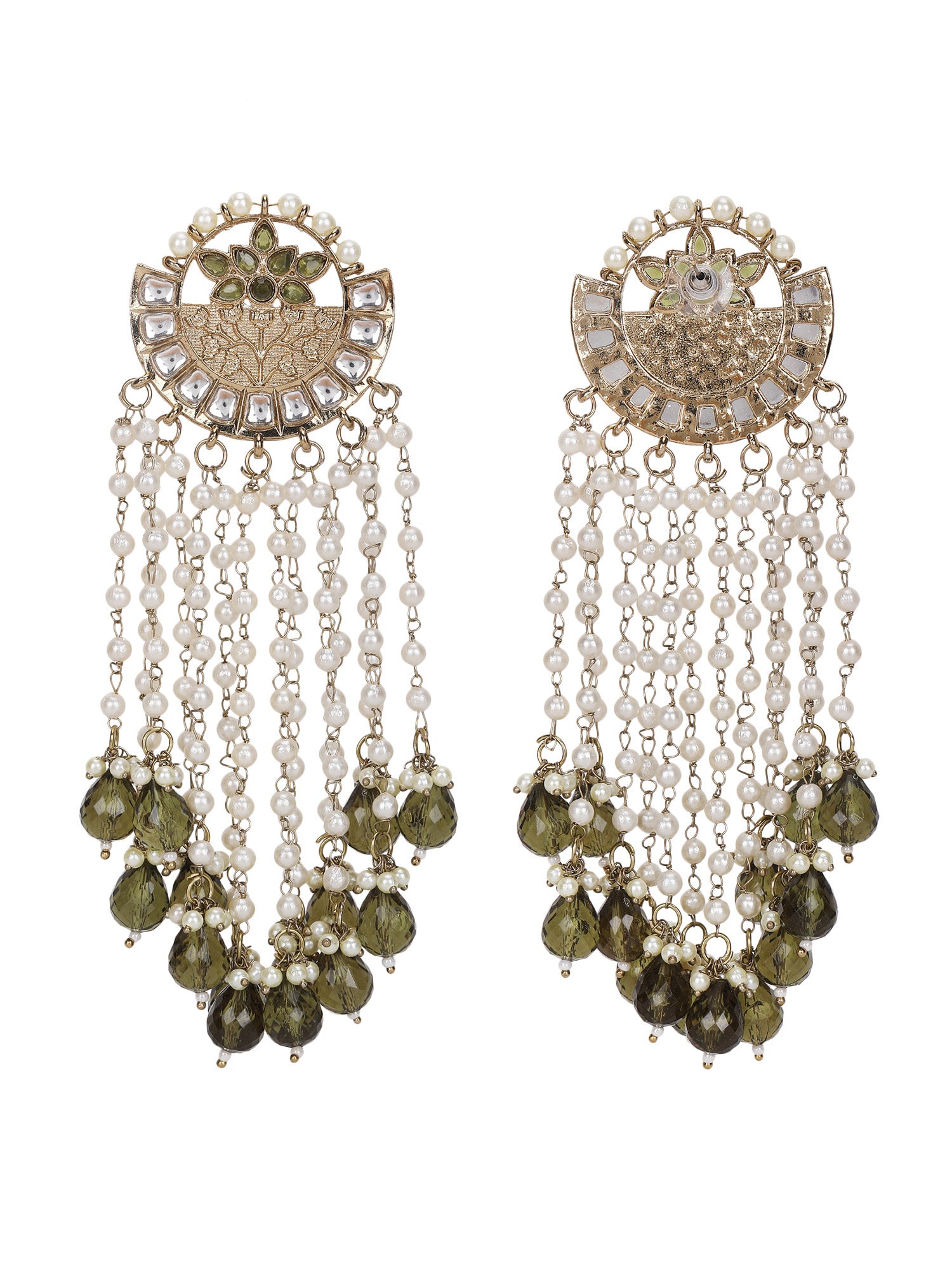 Gold & Pearl Chandelier Earrings with Green Stone Accents
