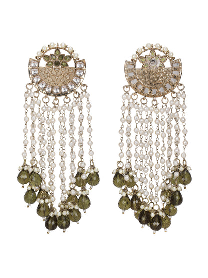 Gold & Pearl Chandelier Earrings with Green Stone Accents