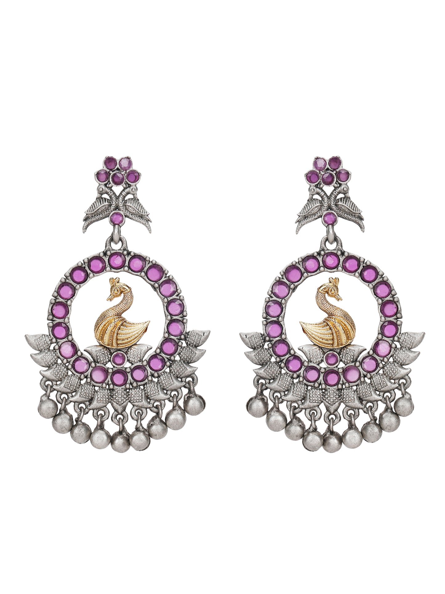 Antique Silver-Plated Swan Motif Earrings with Pink Stones