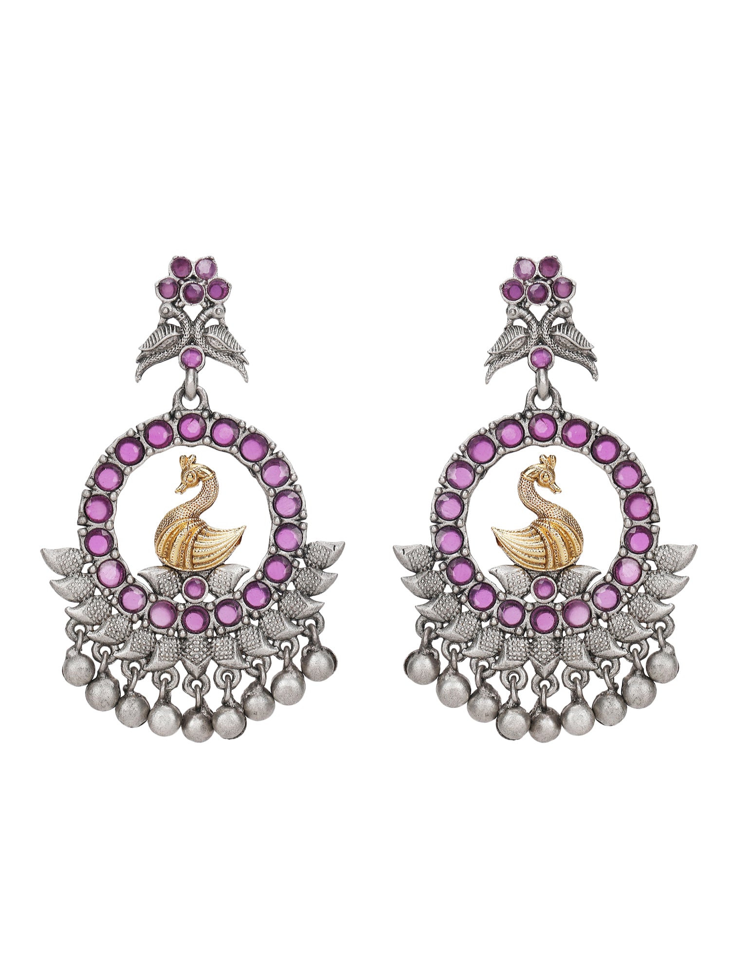 Antique Silver-Plated Swan Motif Earrings with Pink Stones