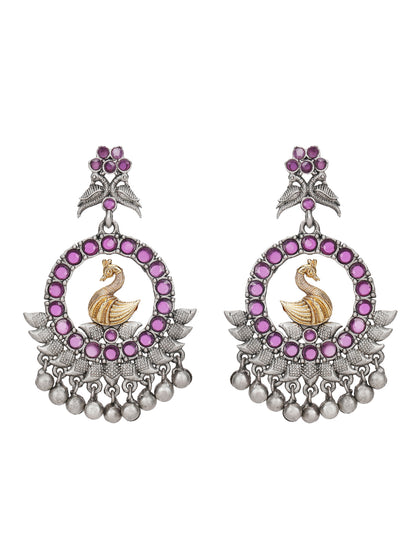 Antique Silver-Plated Swan Motif Earrings with Pink Stones