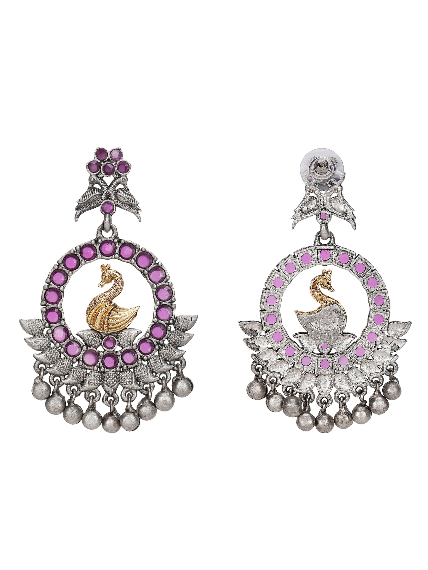 Antique Silver-Plated Swan Motif Earrings with Pink Stones