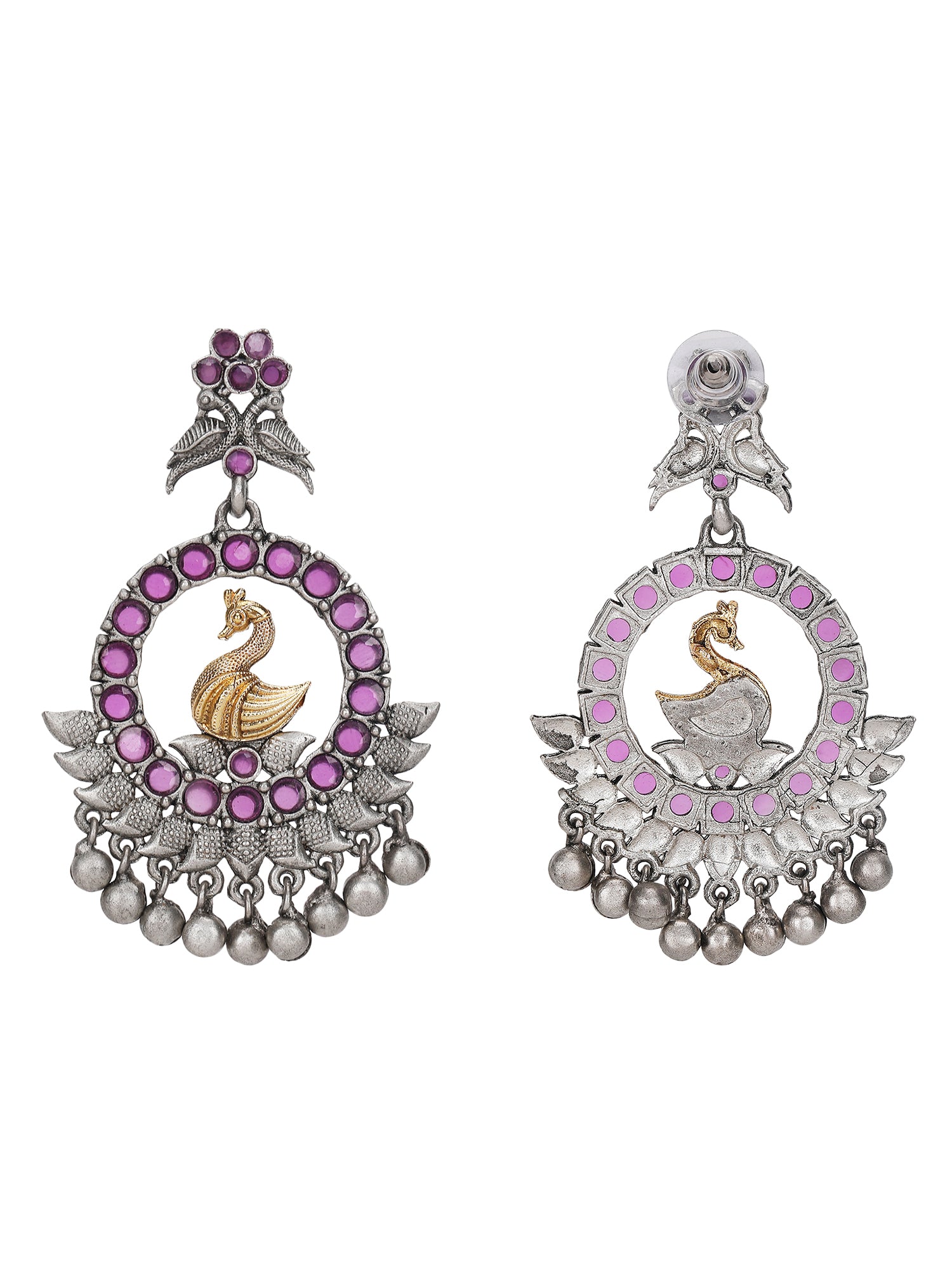 Antique Silver-Plated Swan Motif Earrings with Pink Stones