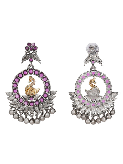 Antique Silver-Plated Swan Motif Earrings with Pink Stones