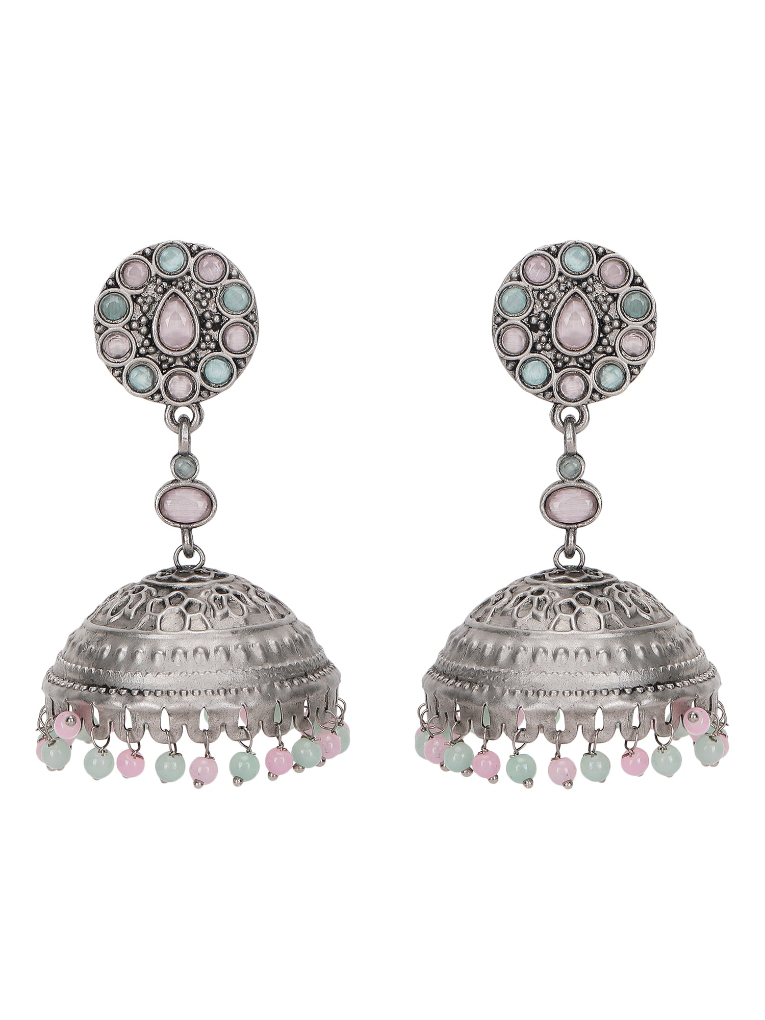 Antique Silver-Plated Jhumka Earrings with Pastel Beads