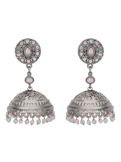 Antique Silver-Plated Jhumka Earrings with Pastel Beads