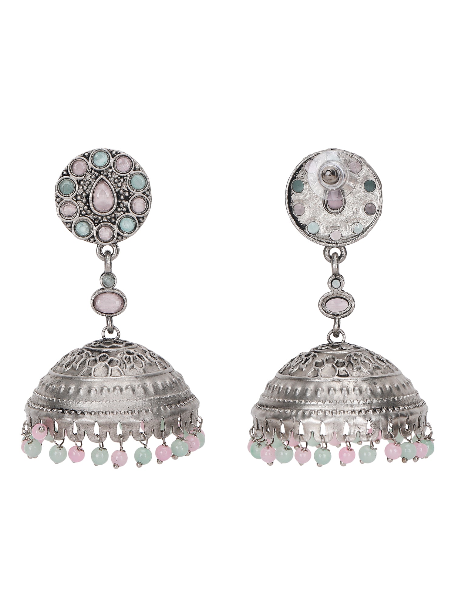 Antique Silver-Plated Jhumka Earrings with Pastel Beads