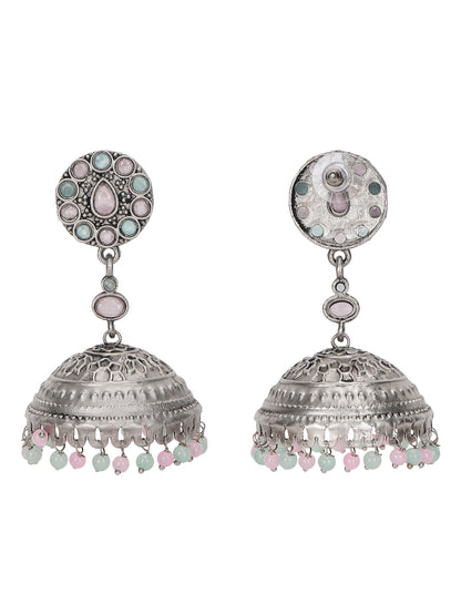 Antique Silver-Plated Jhumka Earrings with Pastel Beads