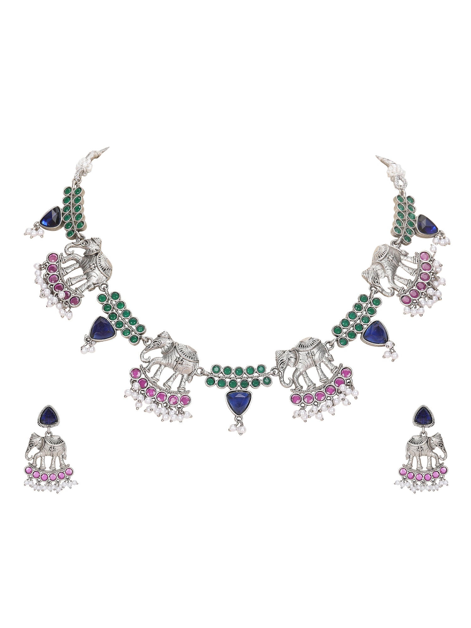 Silver-Plated Elephant Motif Necklace Set with Earrings
