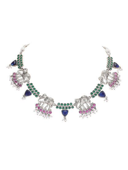 Silver-Plated Elephant Motif Necklace Set with Earrings