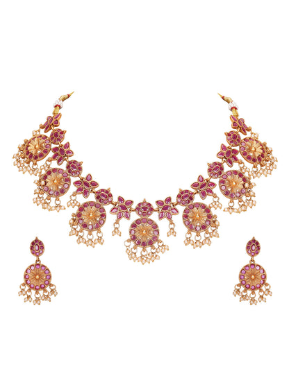 Traditional Gold-Plated Kundan Necklace Set with Pearl Drops