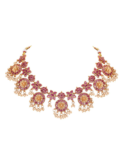 Traditional Gold-Plated Kundan Necklace Set with Pearl Drops
