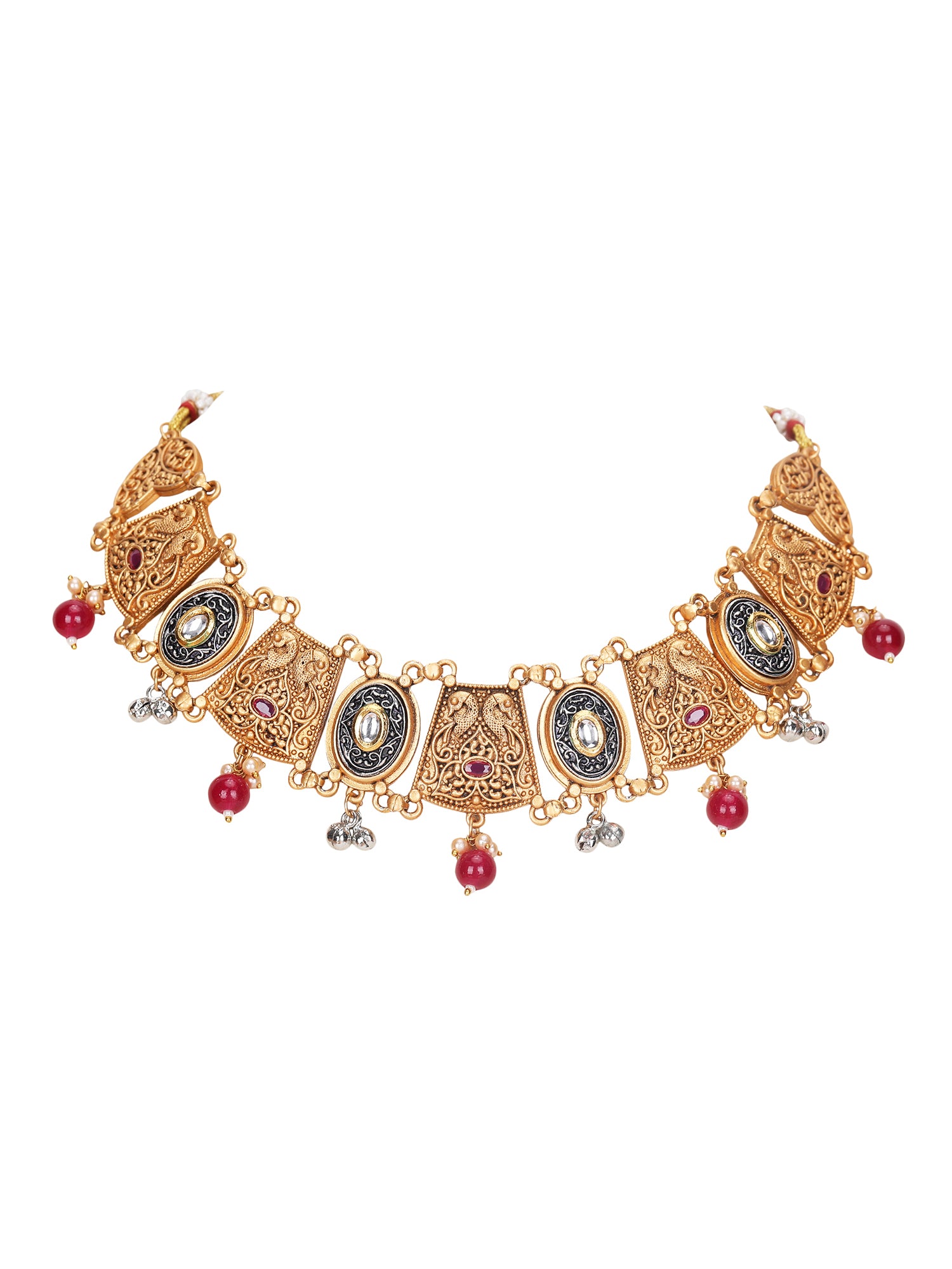 Antique Gold-Plated Temple Necklace Set with Kundan and Pearl Beads