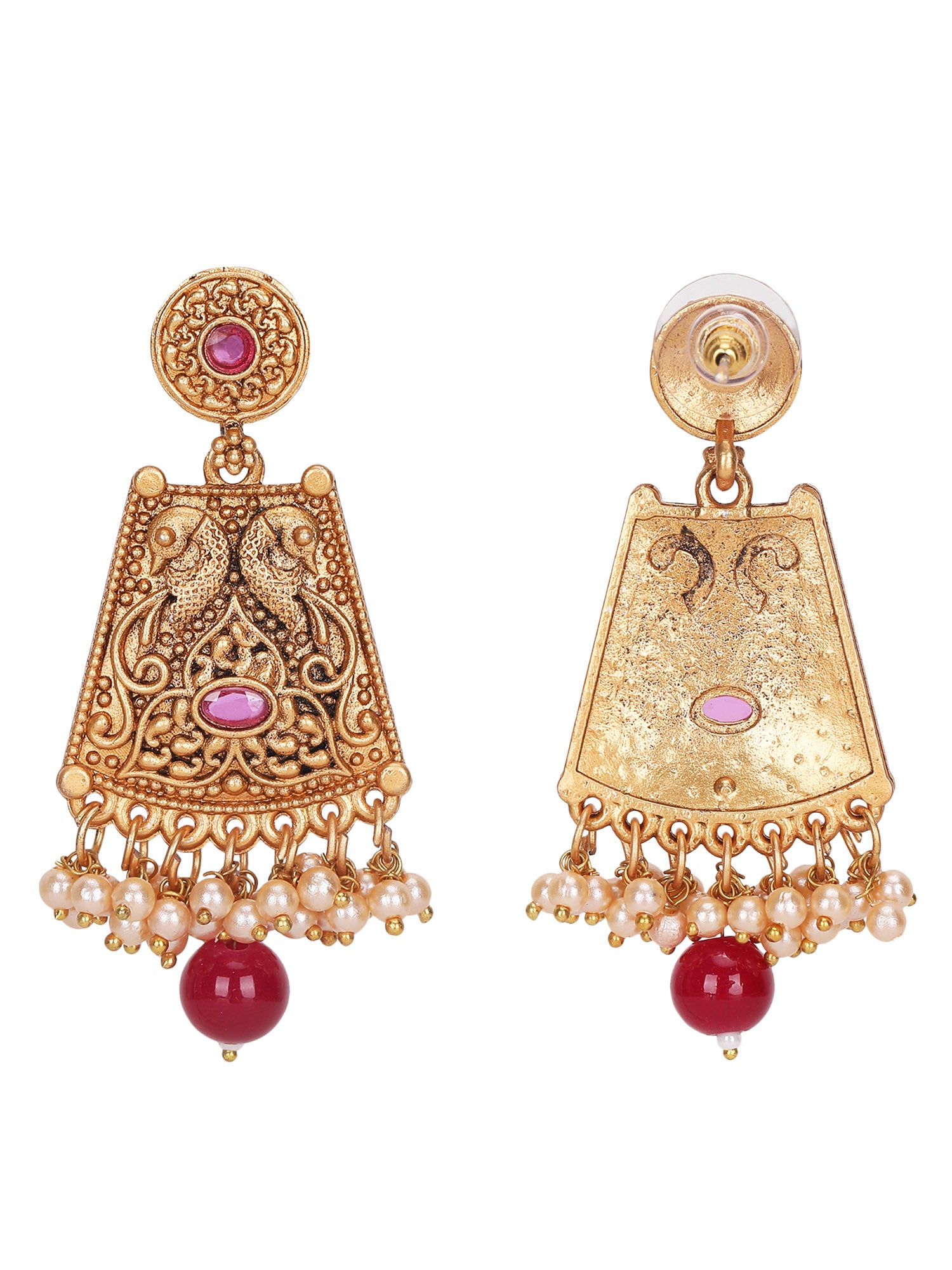 Antique Gold-Plated Temple Necklace Set with Kundan and Pearl Beads