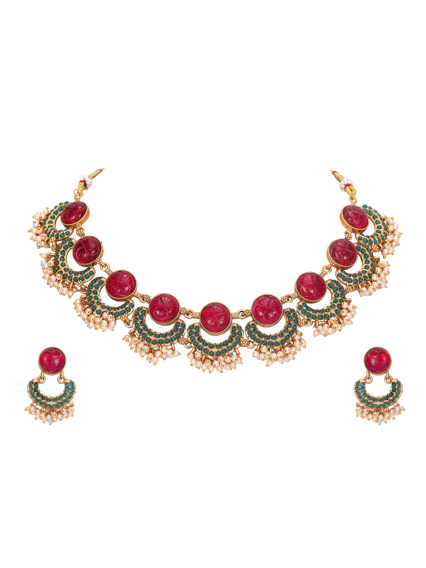 Antique Gold-Plated Carved Ruby & Green Enamel Necklace Set with Pearl Drops