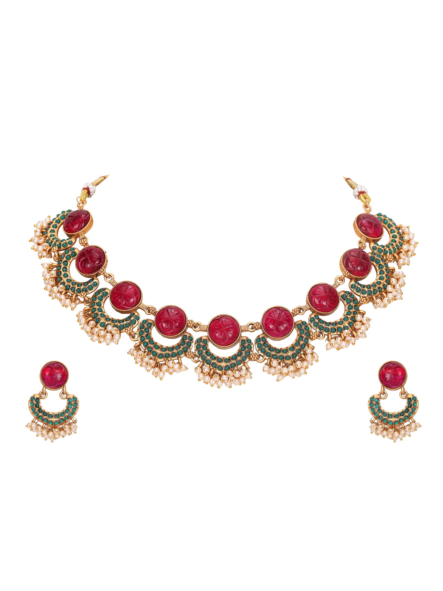 Antique Gold-Plated Carved Ruby & Green Enamel Necklace Set with Pearl Drops
