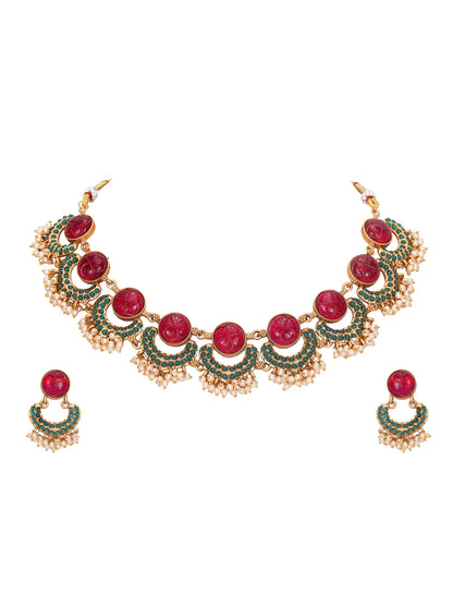 Antique Gold-Plated Carved Ruby & Green Enamel Necklace Set with Pearl Drops
