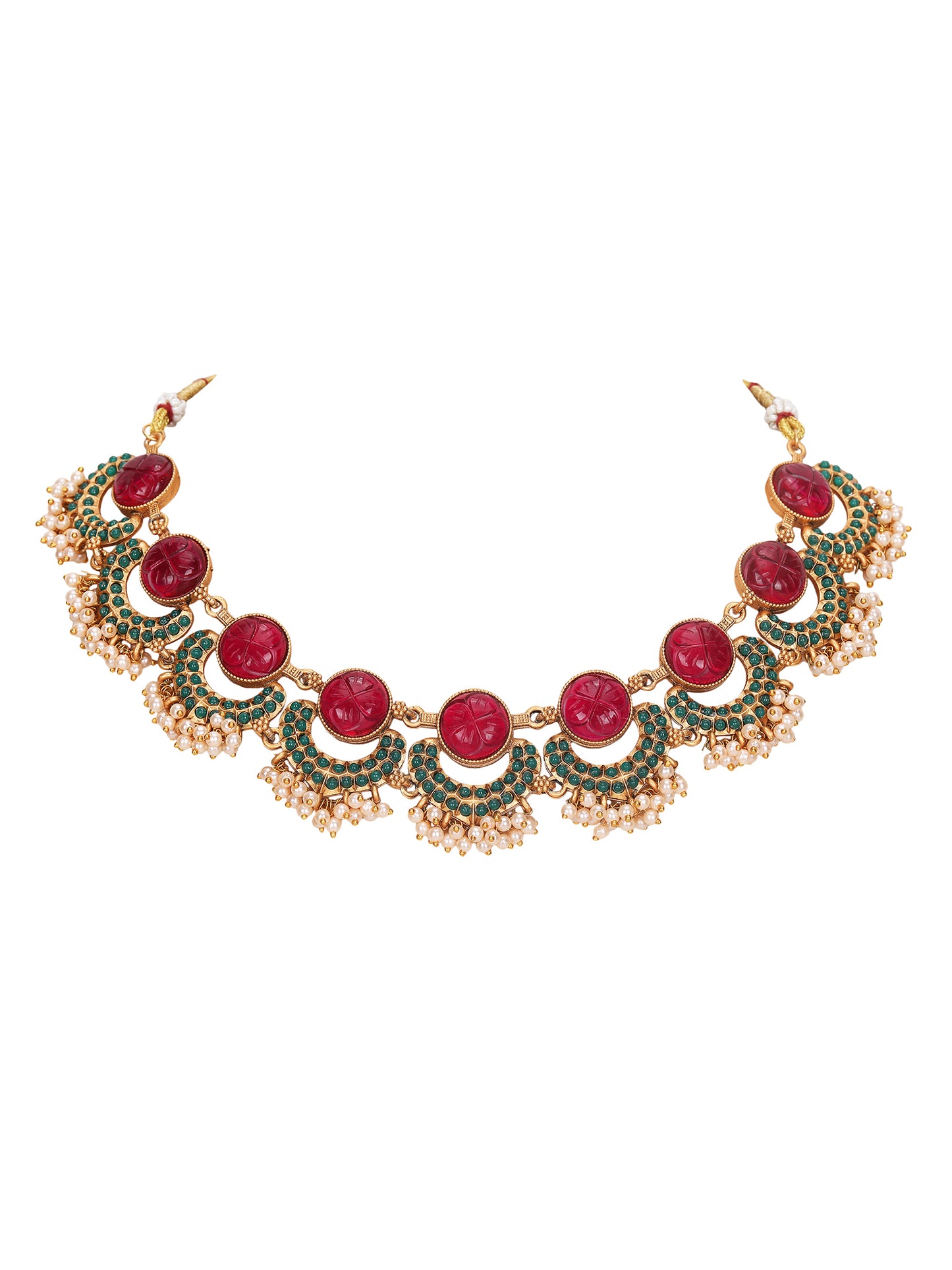 Antique Gold-Plated Carved Ruby & Green Enamel Necklace Set with Pearl Drops