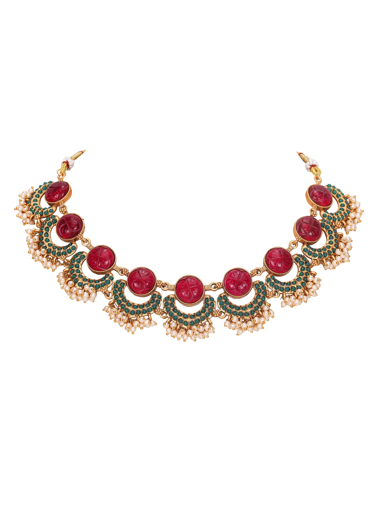Antique Gold-Plated Carved Ruby & Green Enamel Necklace Set with Pearl Drops