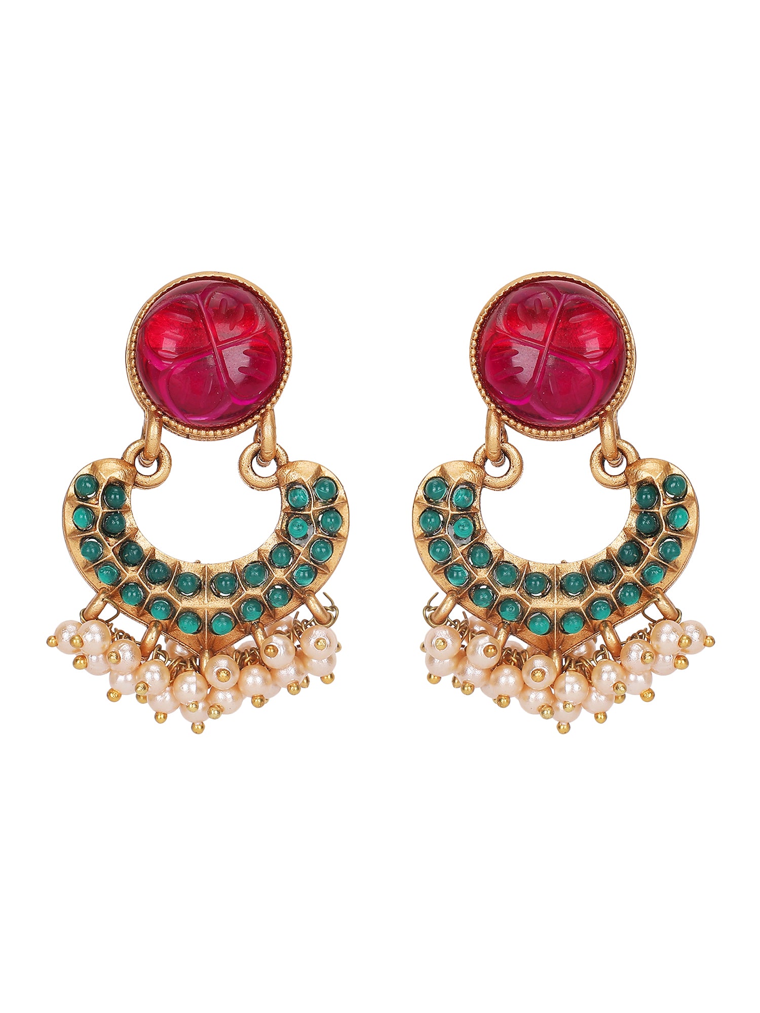 Antique Gold-Plated Carved Ruby & Green Enamel Necklace Set with Pearl Drops