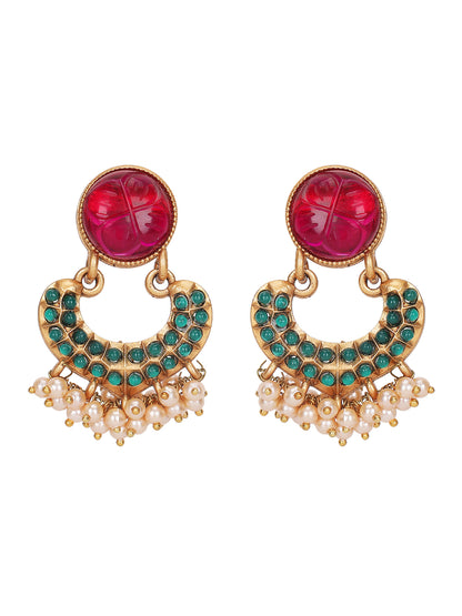 Antique Gold-Plated Carved Ruby & Green Enamel Necklace Set with Pearl Drops