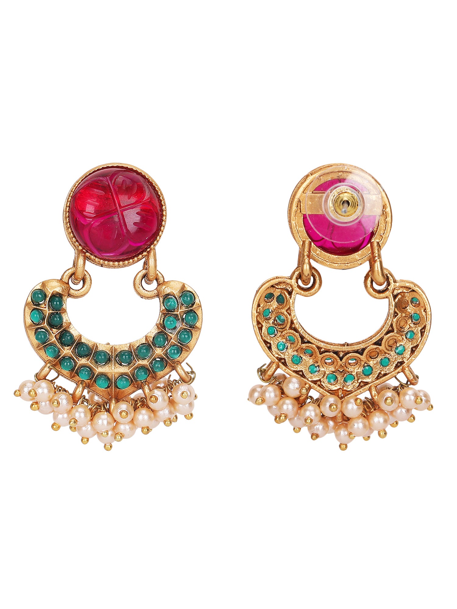 Antique Gold-Plated Carved Ruby & Green Enamel Necklace Set with Pearl Drops