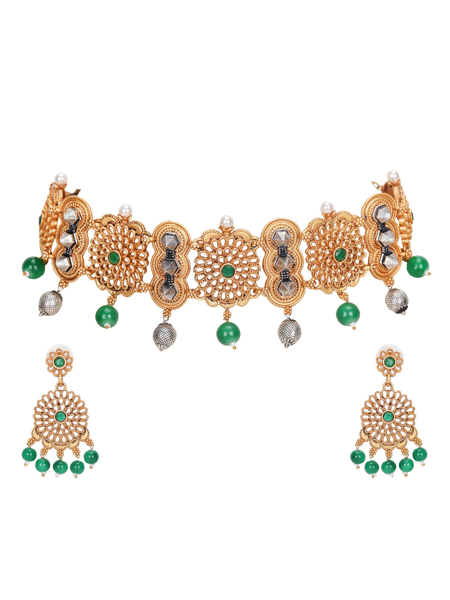 Antique Gold-Plated Choker Necklace Set with Green Beads