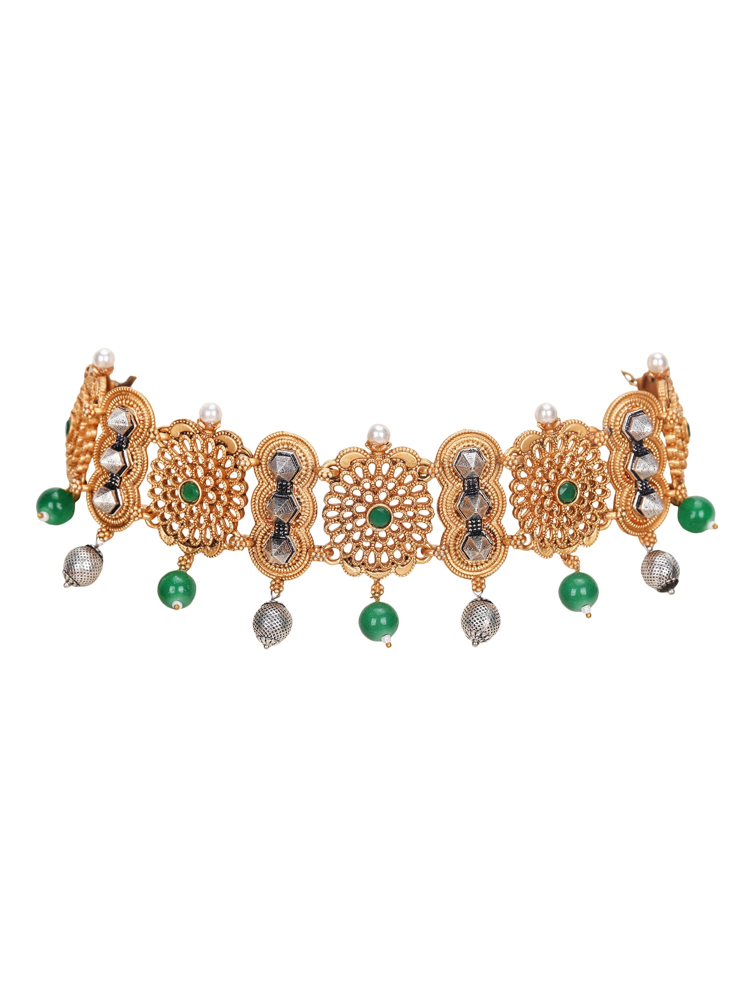 Antique Gold-Plated Choker Necklace Set with Green Beads