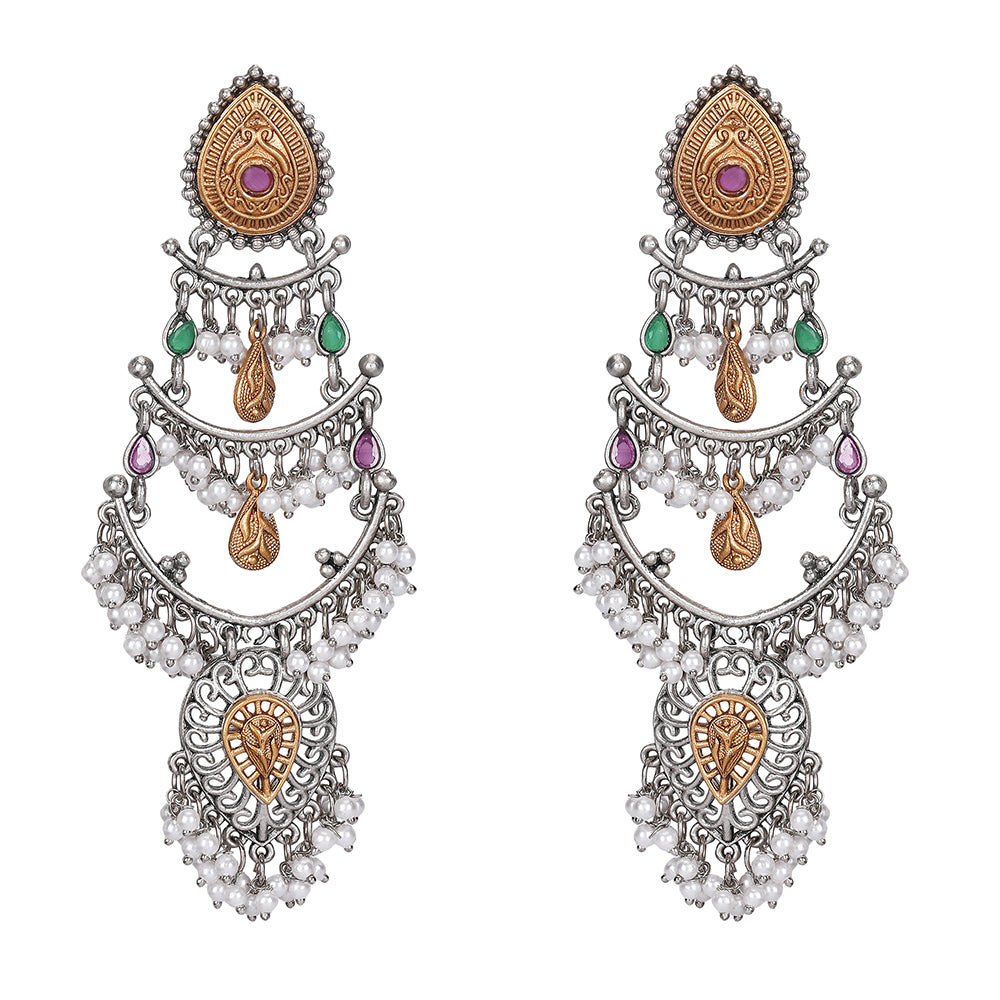 Oxidized Silver Multi-Tiered Chandelier Earrings