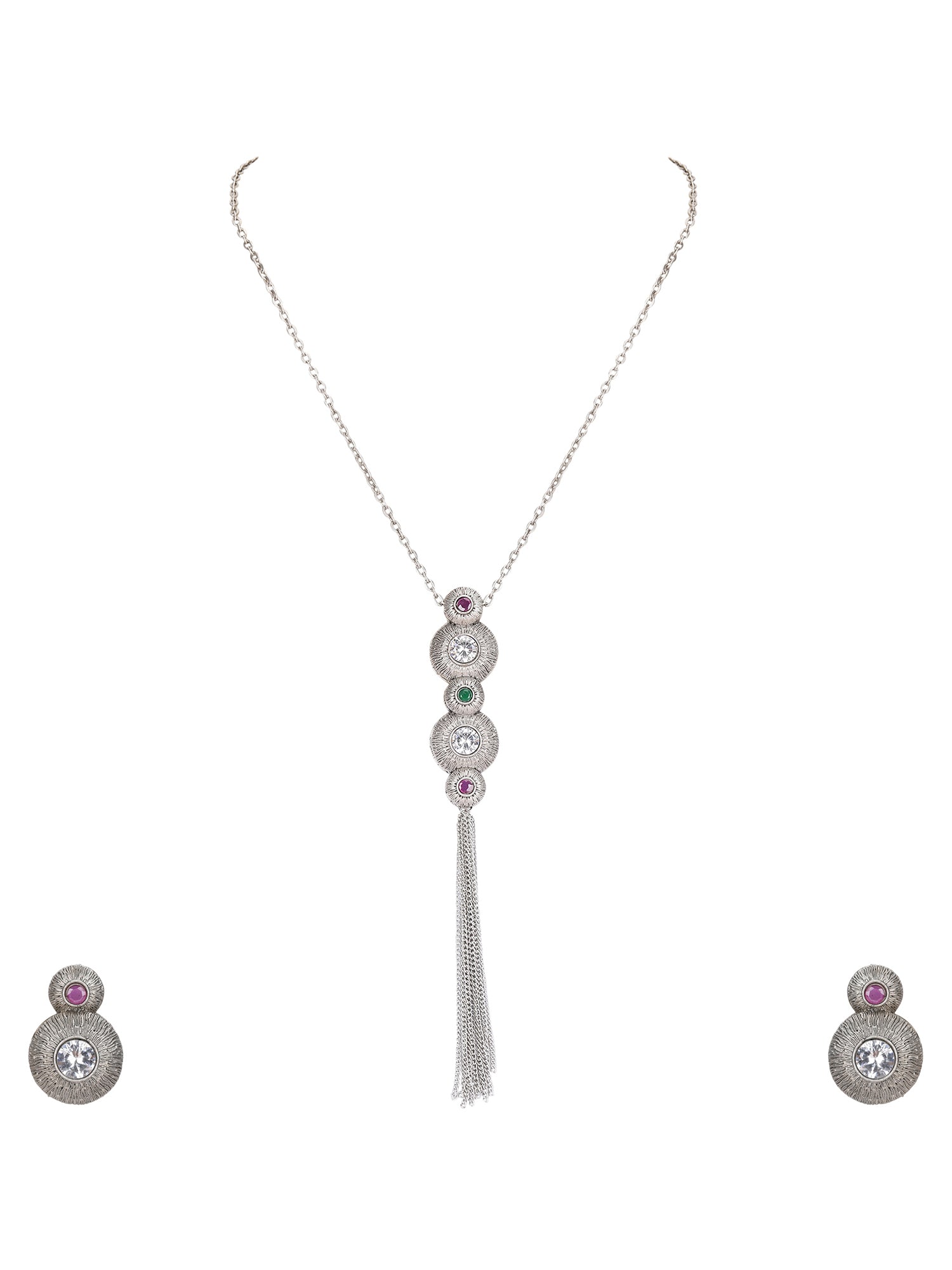 Elegant Silver Tassel Pendant Necklace Set with Crystal & Gemstone Accents