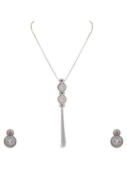 Elegant Silver Tassel Pendant Necklace Set with Crystal & Gemstone Accents