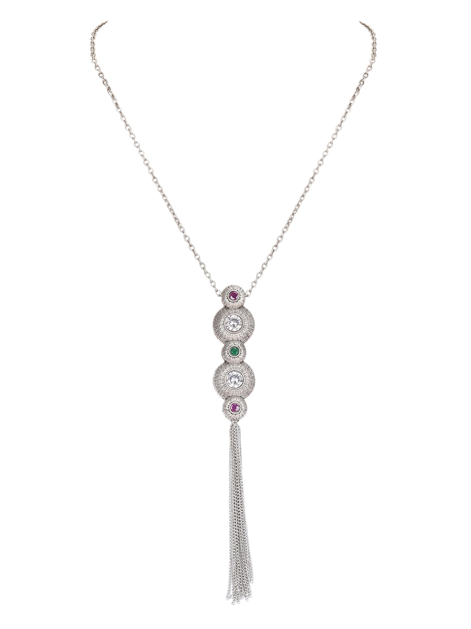 Elegant Silver Tassel Pendant Necklace Set with Crystal & Gemstone Accents