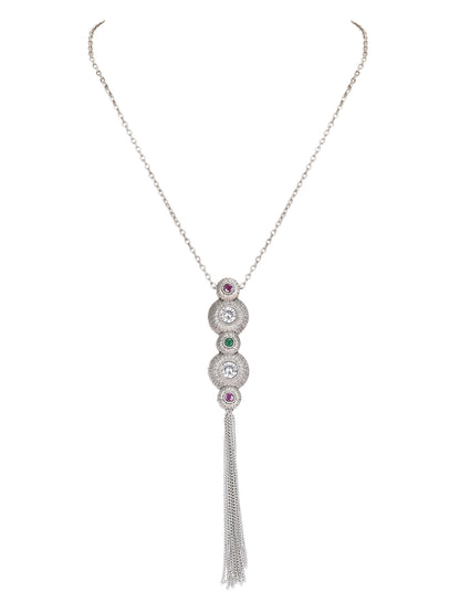 Elegant Silver Tassel Pendant Necklace Set with Crystal & Gemstone Accents