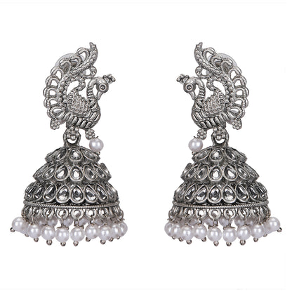 Oxidized Silver Kundan & Pearl Drops Earrings