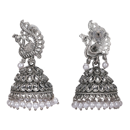 Oxidized Silver Kundan & Pearl Drops Earrings