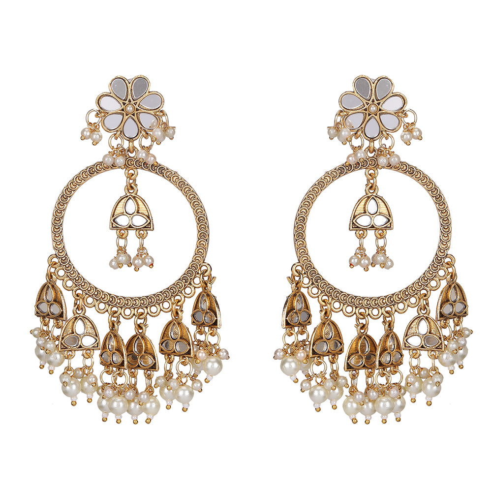 Gold-Tone Kundan Hoop Earrings with Pearl Drops