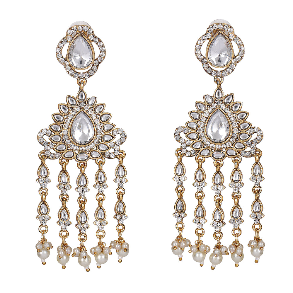 Pear-Shaped Kundan & Pearl Drop Chandelier Earrings