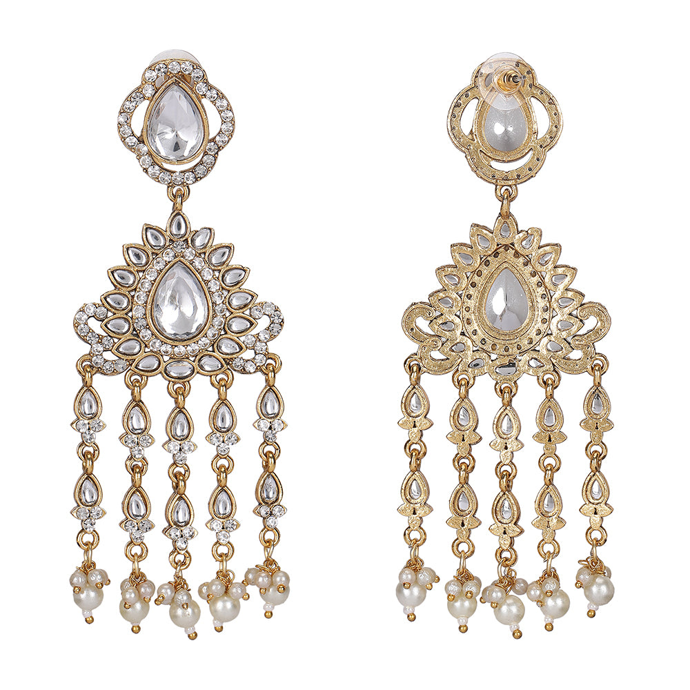 Pear-Shaped Kundan & Pearl Drop Chandelier Earrings