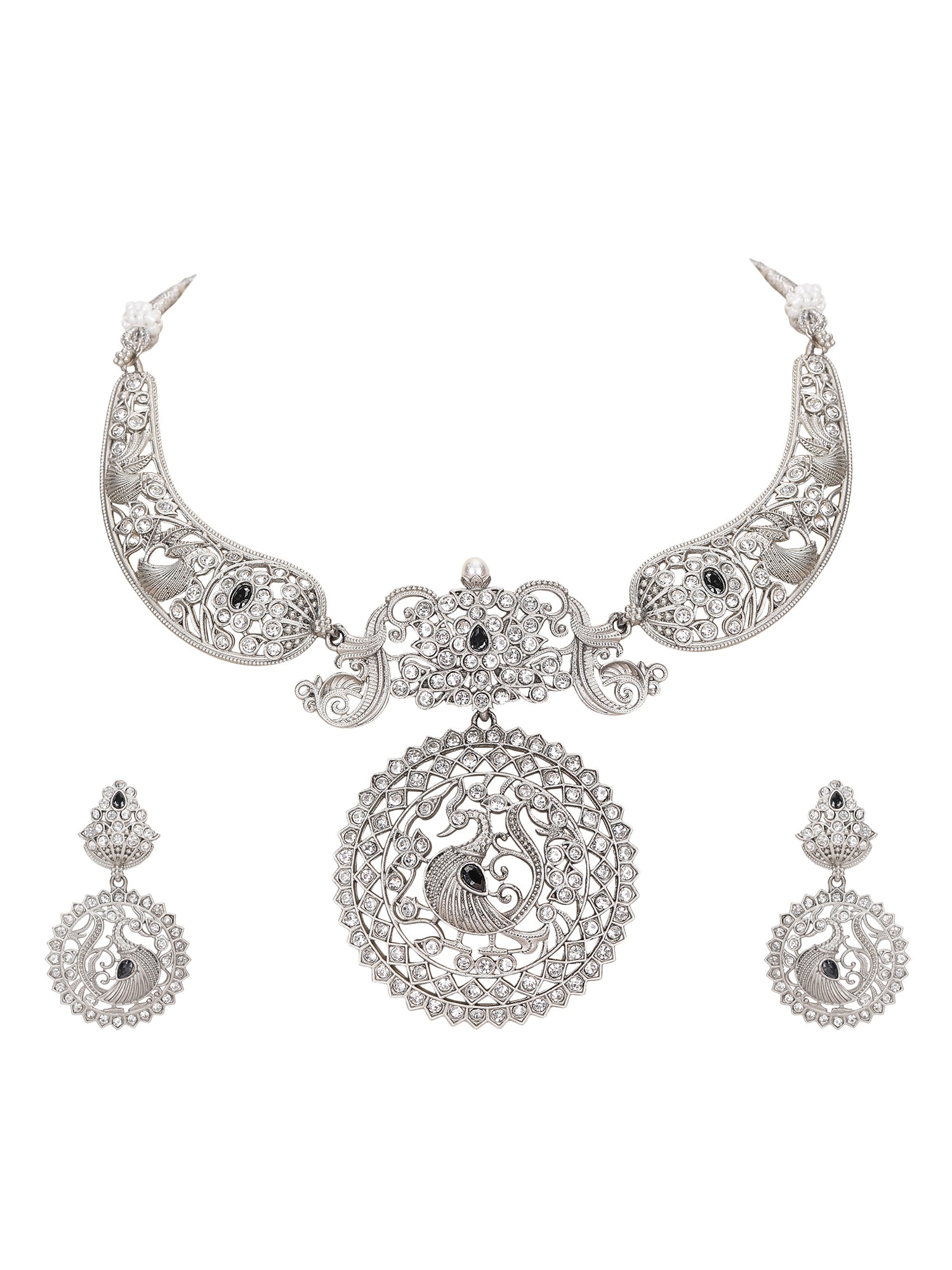 Antique Silver Peacock Necklace Set with Intricate Filigree Work