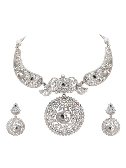 Antique Silver Peacock Necklace Set with Intricate Filigree Work