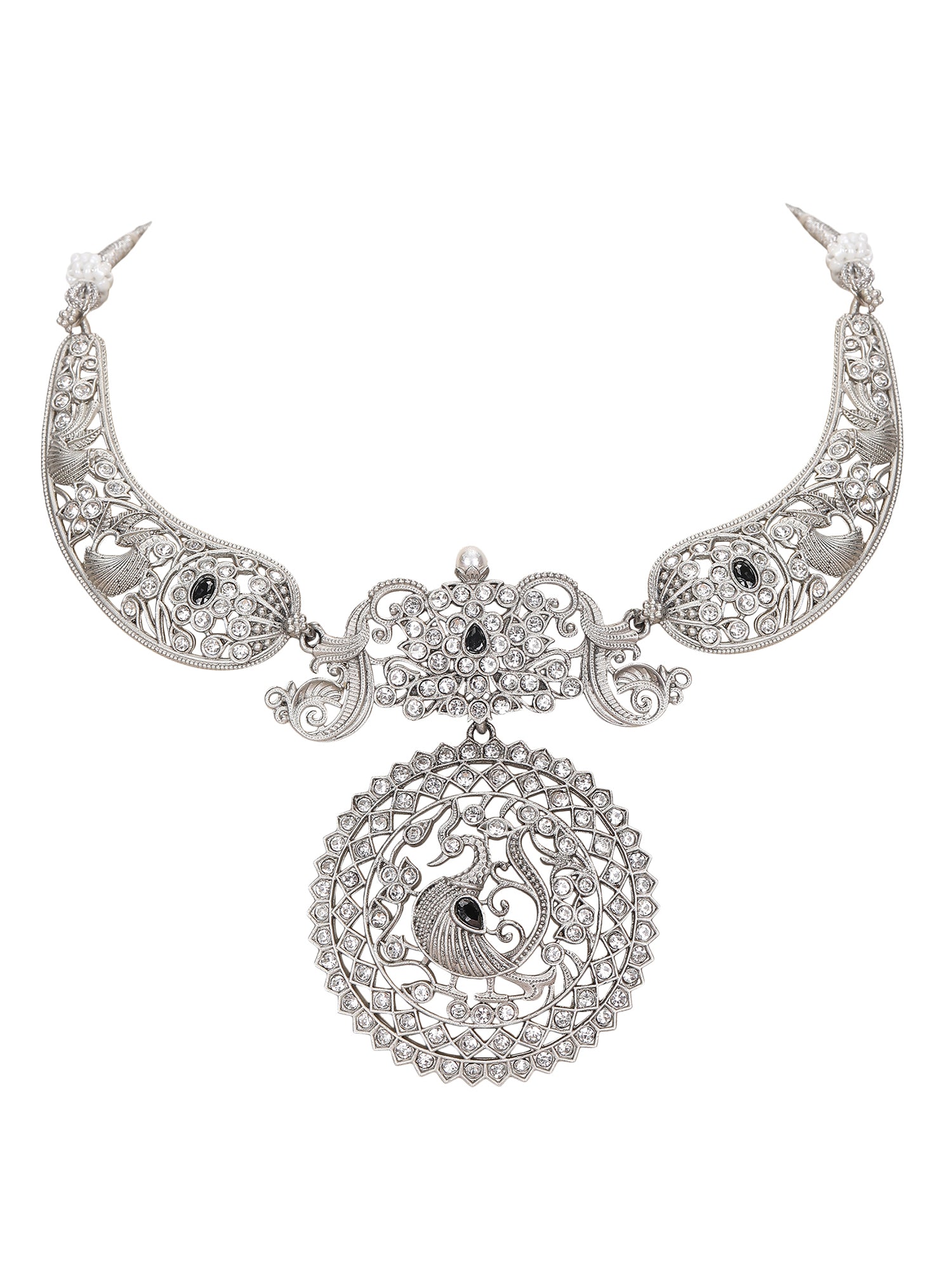Antique Silver Peacock Necklace Set with Intricate Filigree Work